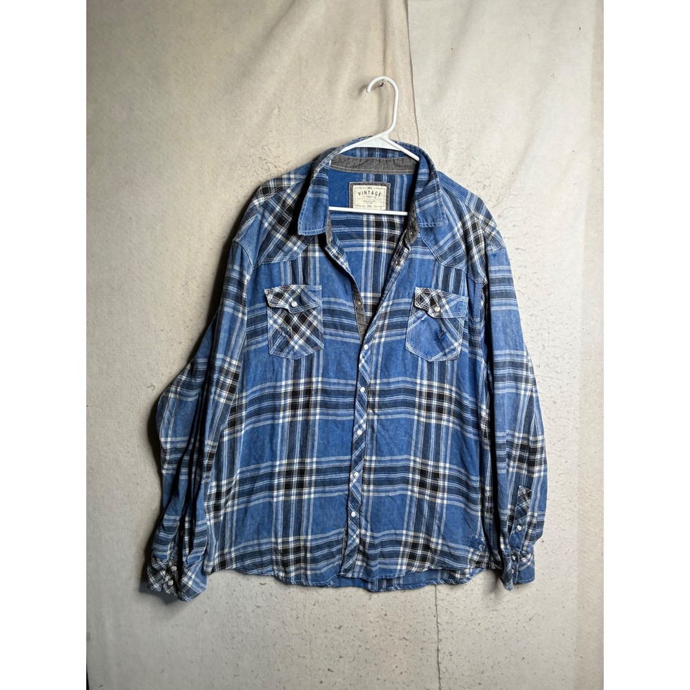 BKE Vintage Mens 3XL Blue Plaid Snap Button Western Athletic Fit Shirt V339FP